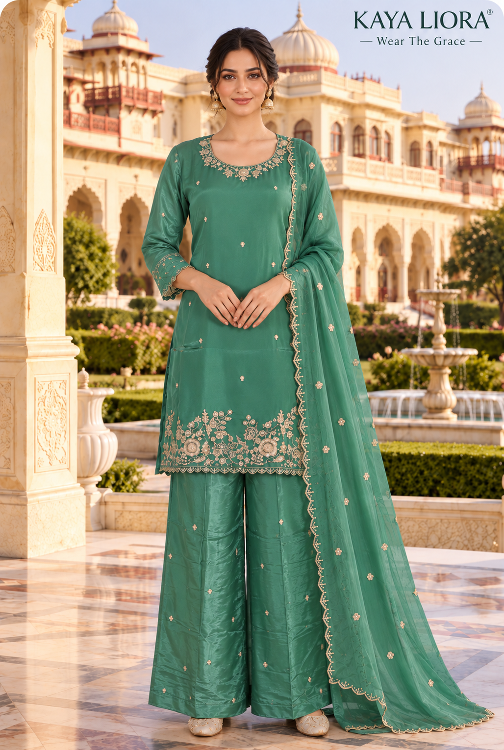 Kaya Liora Teal Reverie – Élégance Émeraude Sharara Suit - Luxury Suits