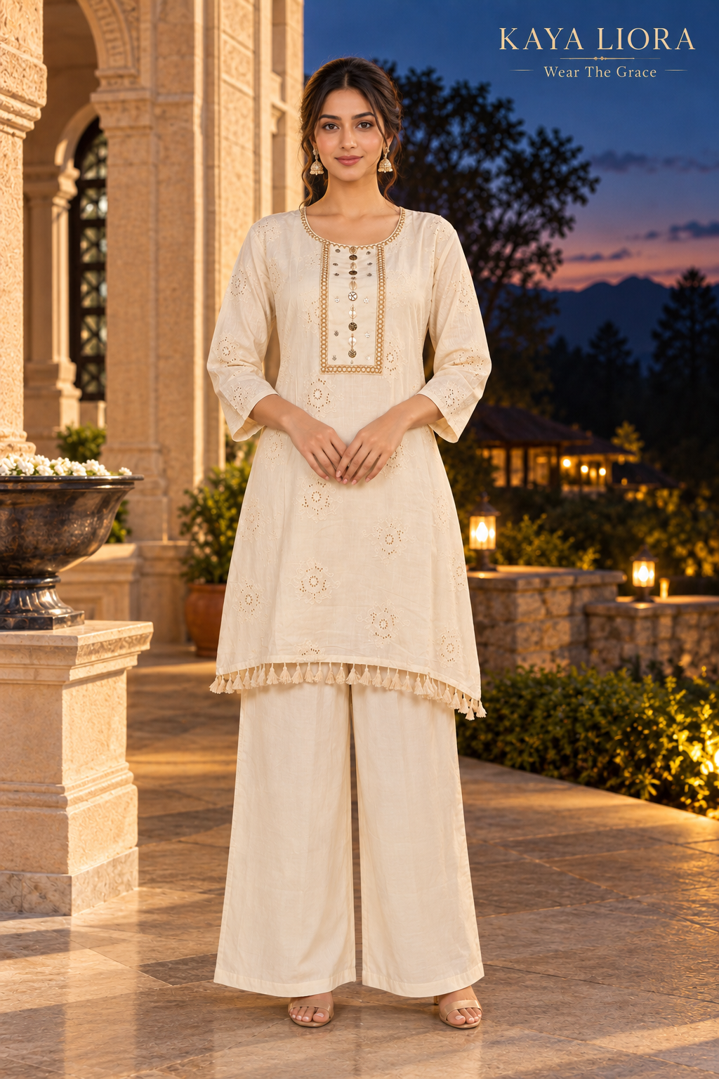 Kaya Liora Antique Ivory – Ivory Grace Embroidered Co-Ord Set - Luxury Co-ord Sets