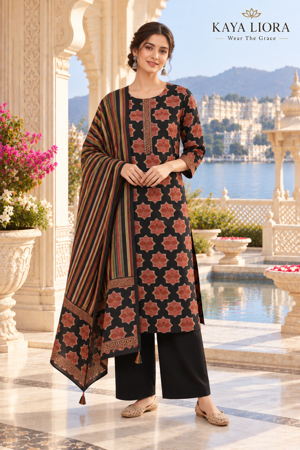 Kaya Liora Crimson Motif – Noir Élégance 3-Piece Suit Set - Luxury Suits