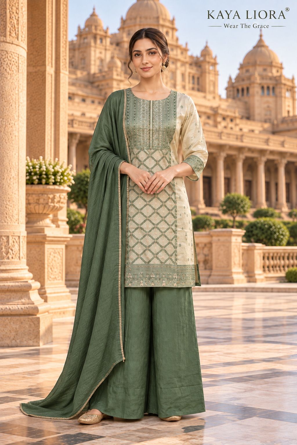 Kaya Liora Sage Serenity – Élégance Sauge Sharara Suit - Luxury Suits