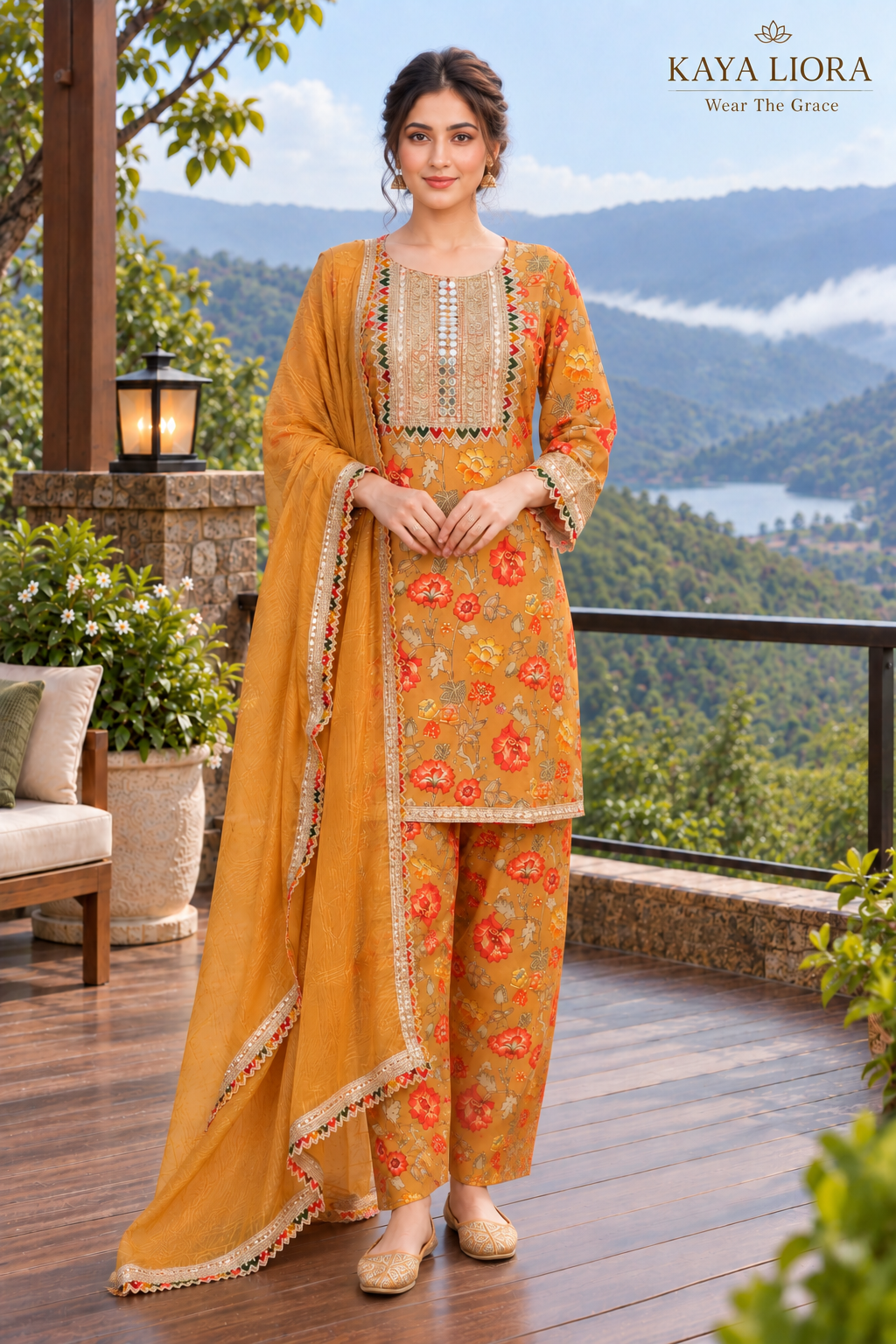 Kaya Liora Antique Ochre Bloom – Mustard Floral Pakistani Dhoti Set - Luxury Suits