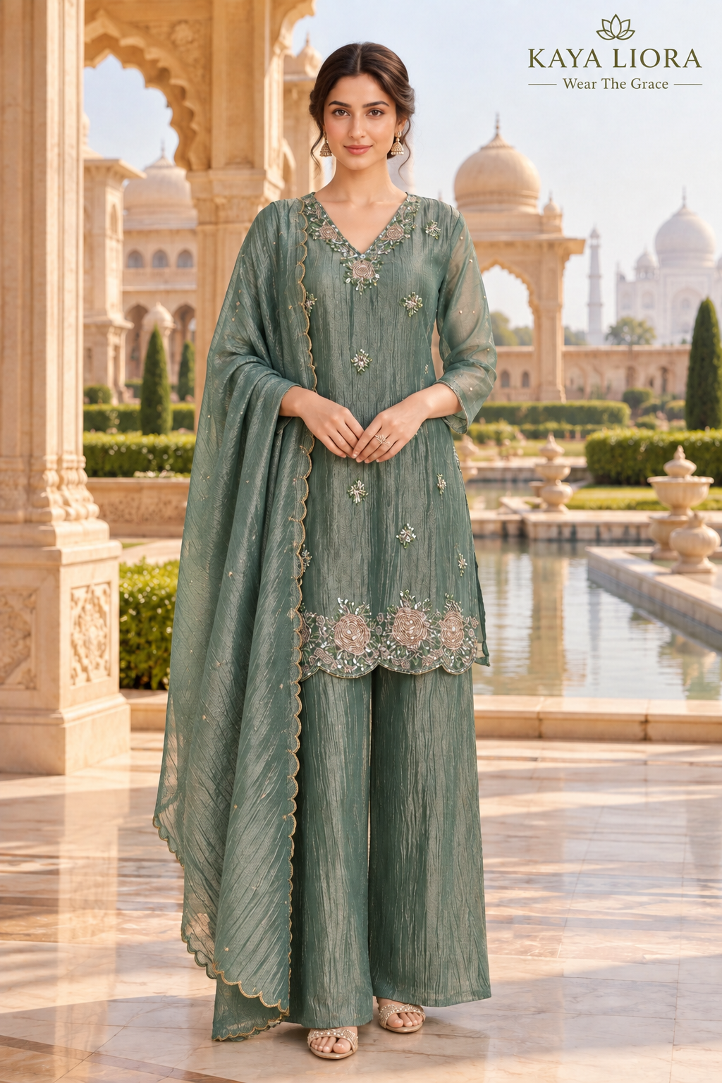 Silver Sage Elegance – 3-Piece Sharara Suit