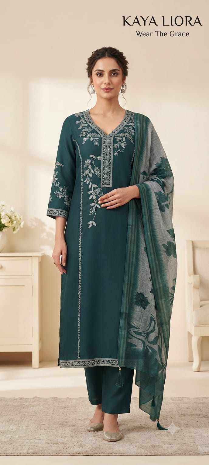 Peacock Grace – 3-Piece Mal Chanderi & Organza Suit Set