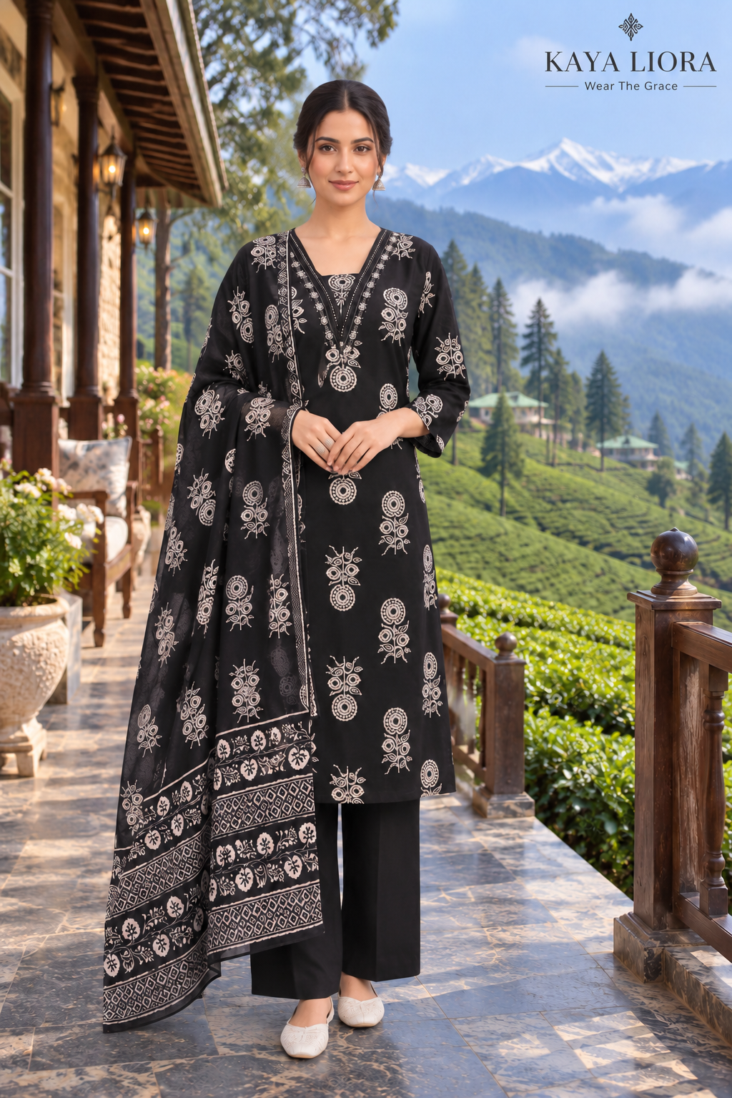 Deep Soft Black – Ivory Motif Elegance 3-Piece Suit