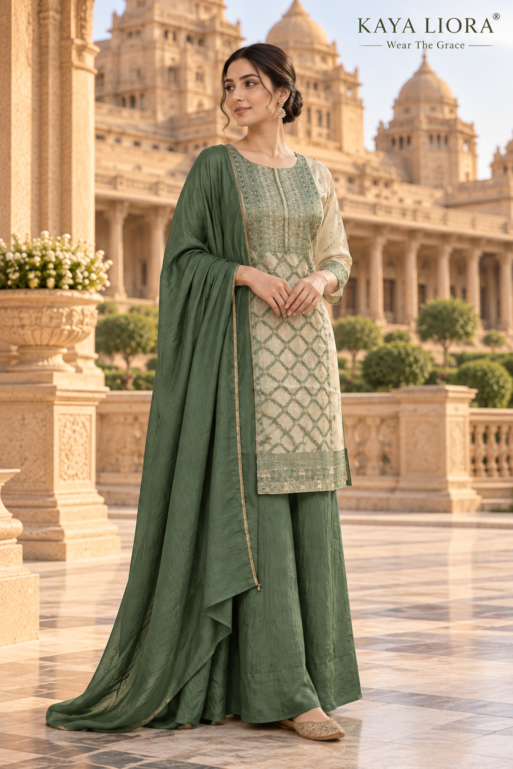 Kaya Liora Sage Serenity – Élégance Sauge Sharara Suit - Luxury Suits Second View