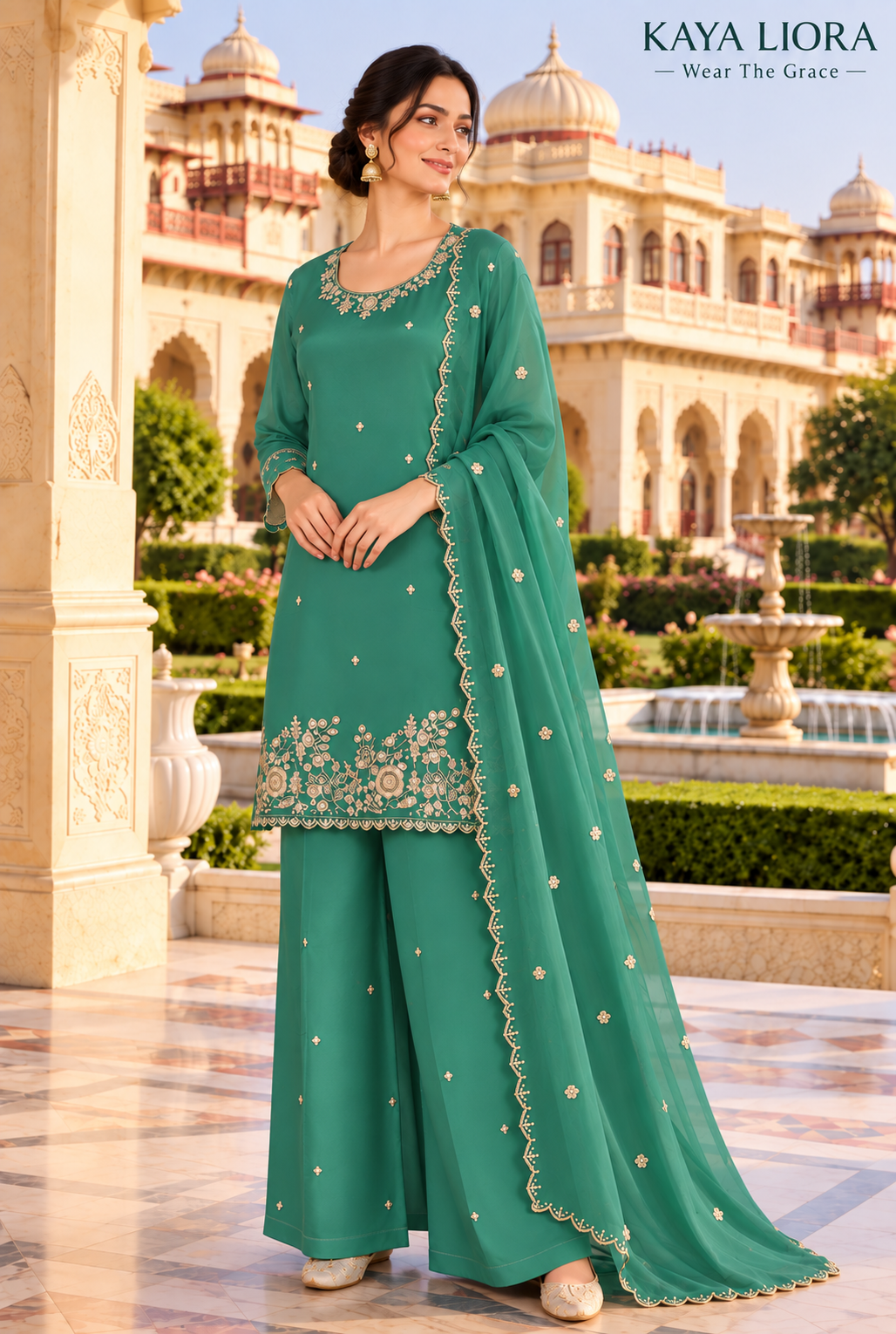 Teal Reverie – Élégance Émeraude Sharara Suit Thumbnail 3