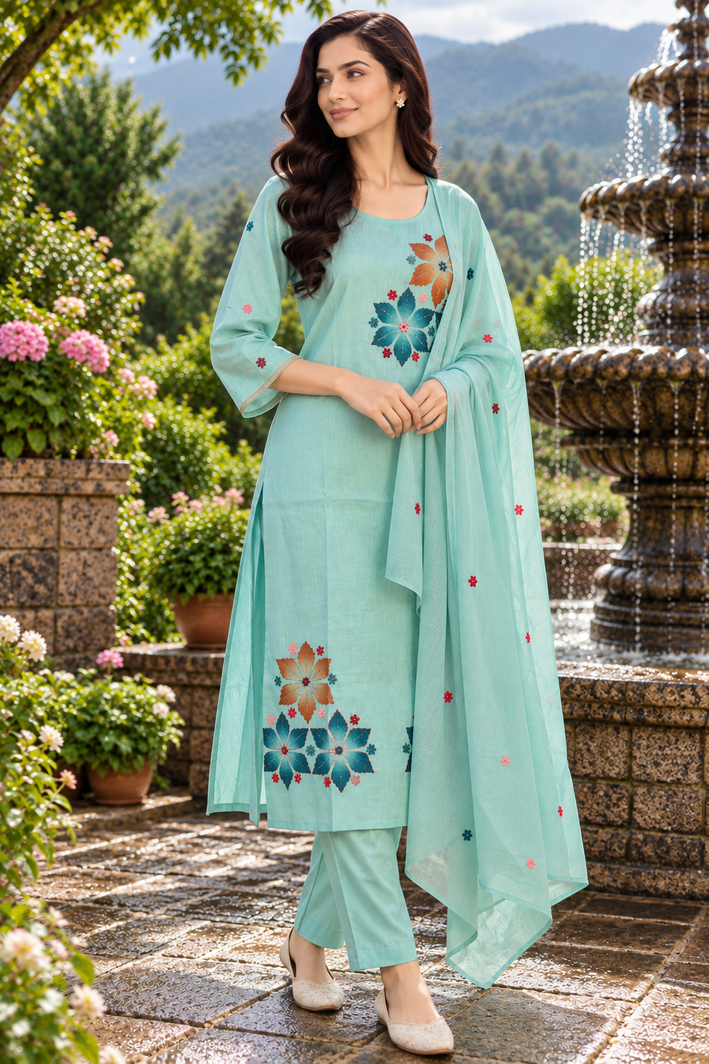 Aquamarine Bloom – Élégance Florale Suit Set Thumbnail 3