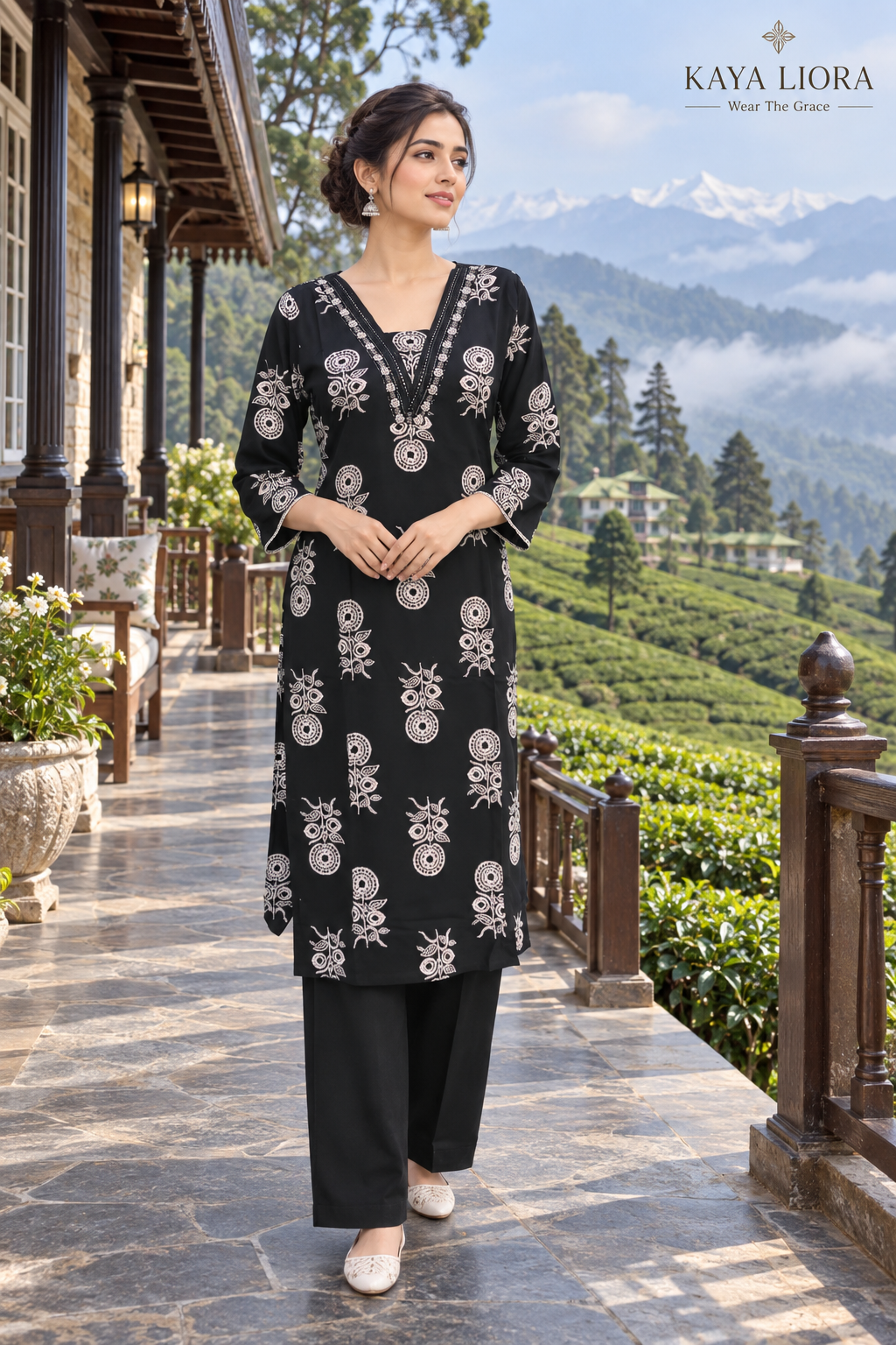 Kaya Liora Deep Soft Black – Ivory Motif Elegance 3-Piece Suit - Luxury Suits Second View