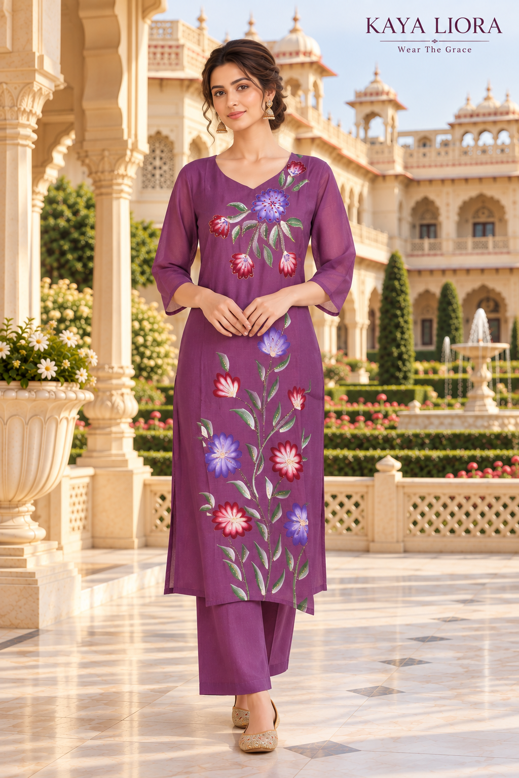 Kaya Liora Purple Bloom – Floral Grace 3-Piece Ethnic Ensemble - Luxury Suits Second View