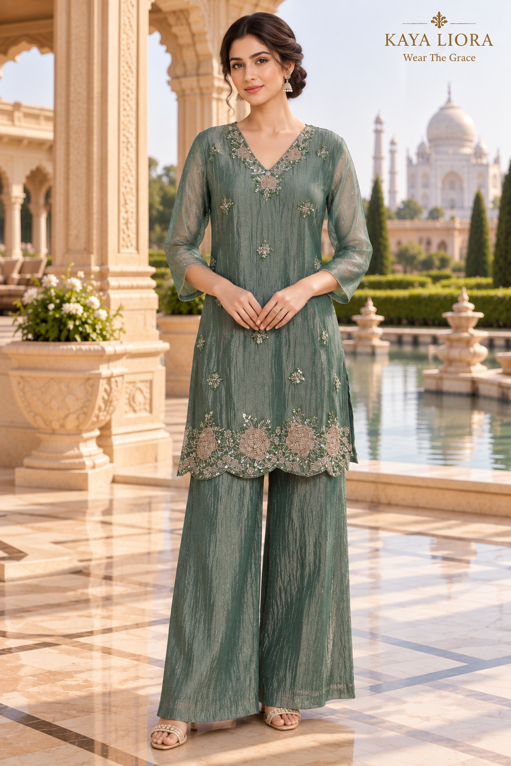 Kaya Liora Silver Sage Elegance – 3-Piece Sharara Suit - Luxury Suits Second View