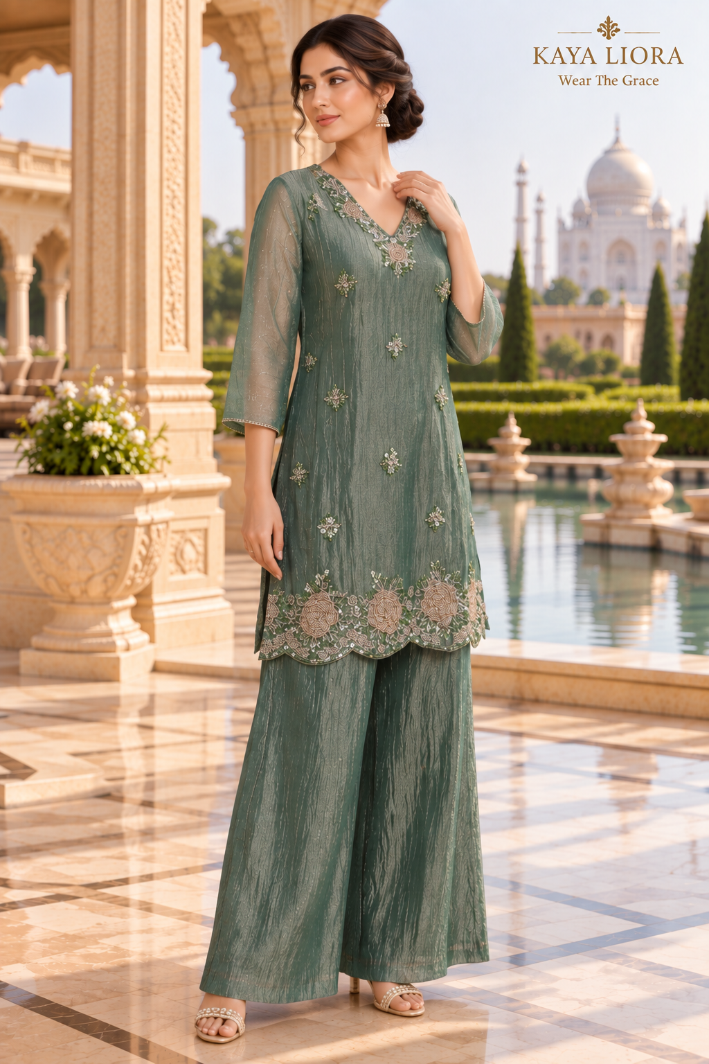 Silver Sage Elegance – 3-Piece Sharara Suit Thumbnail 3