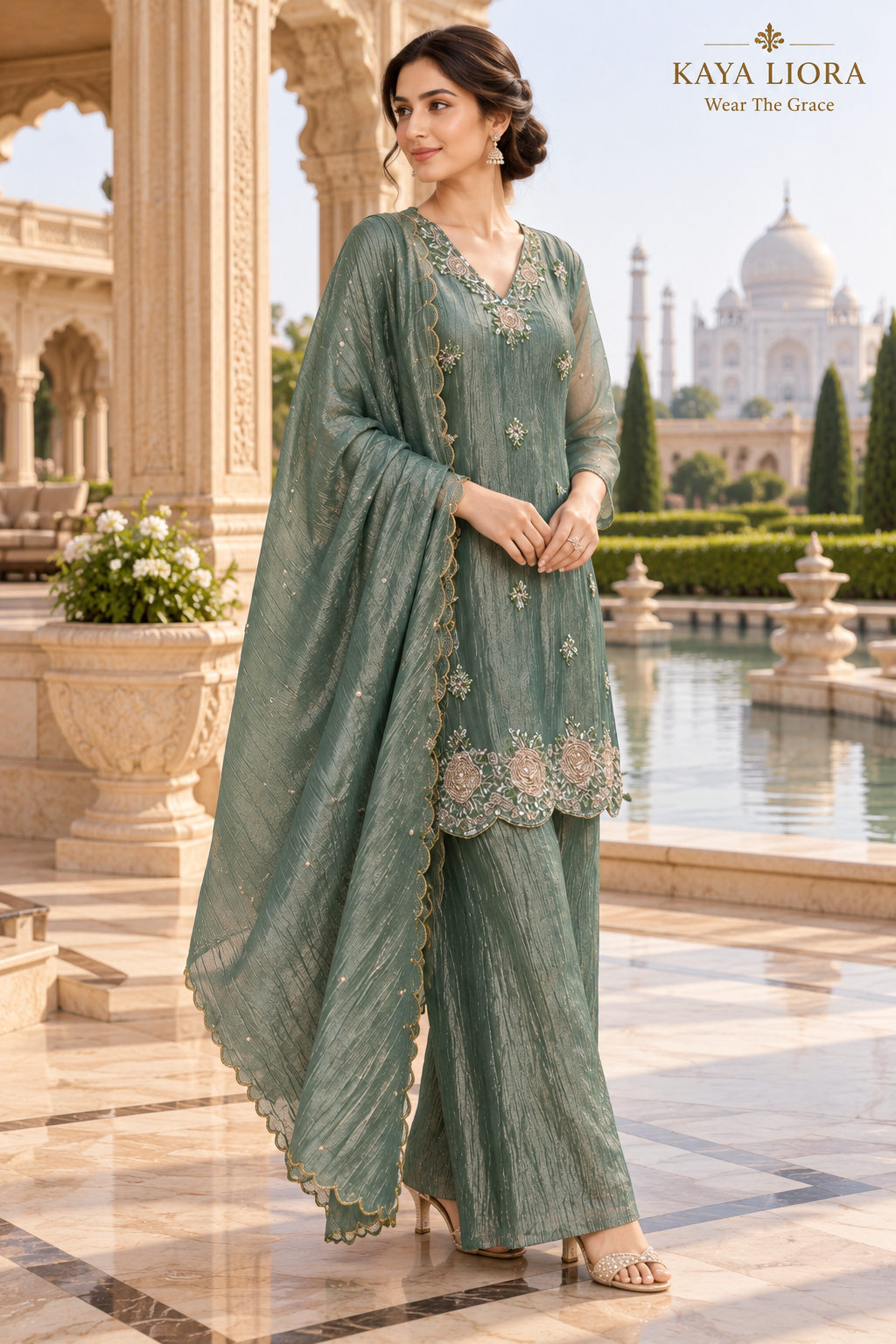 Silver Sage Elegance – 3-Piece Sharara Suit Thumbnail 4