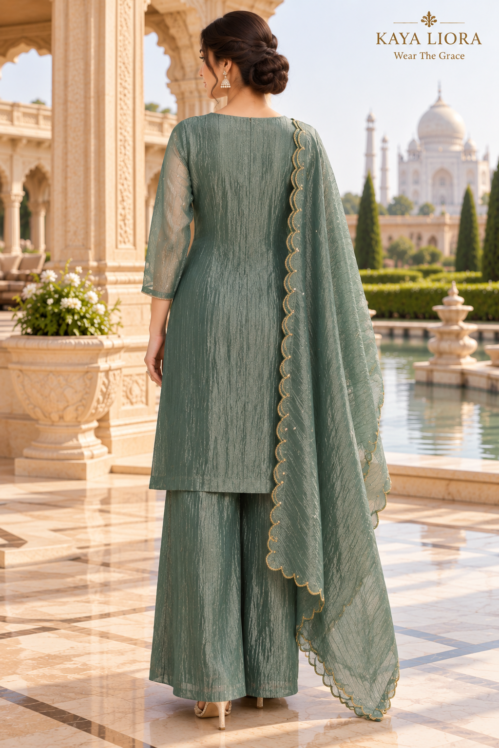 Silver Sage Elegance – 3-Piece Sharara Suit Thumbnail 5