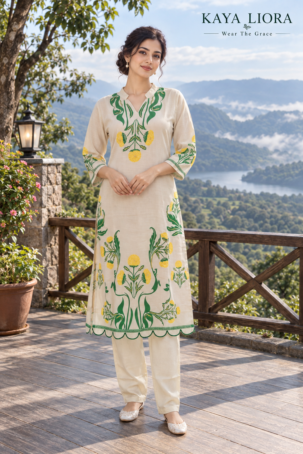 Kaya Liora Soft Ivory Grace – Floral 3-Piece Kurti Set - Luxury Suits Second View