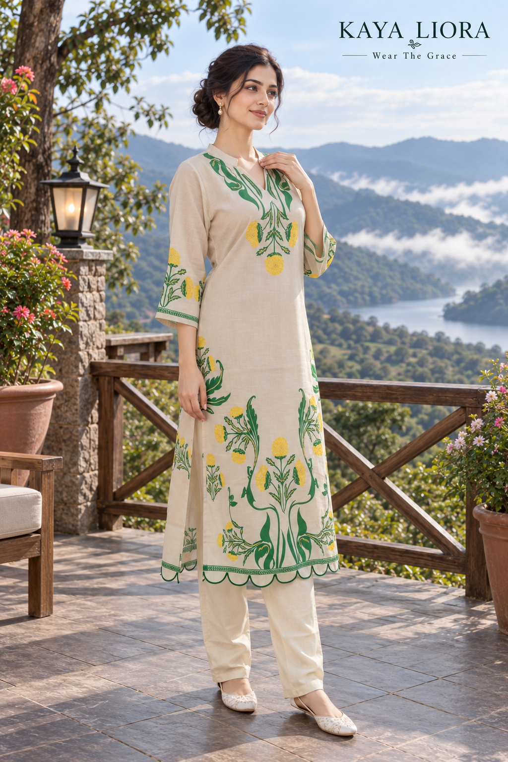 Soft Ivory Grace – Floral 3-Piece Kurti Set Thumbnail 3