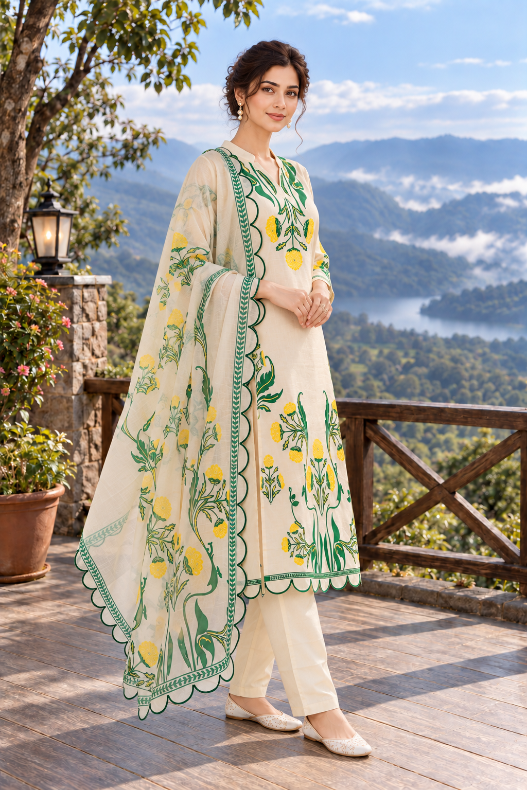 Soft Ivory Grace – Floral 3-Piece Kurti Set Thumbnail 4