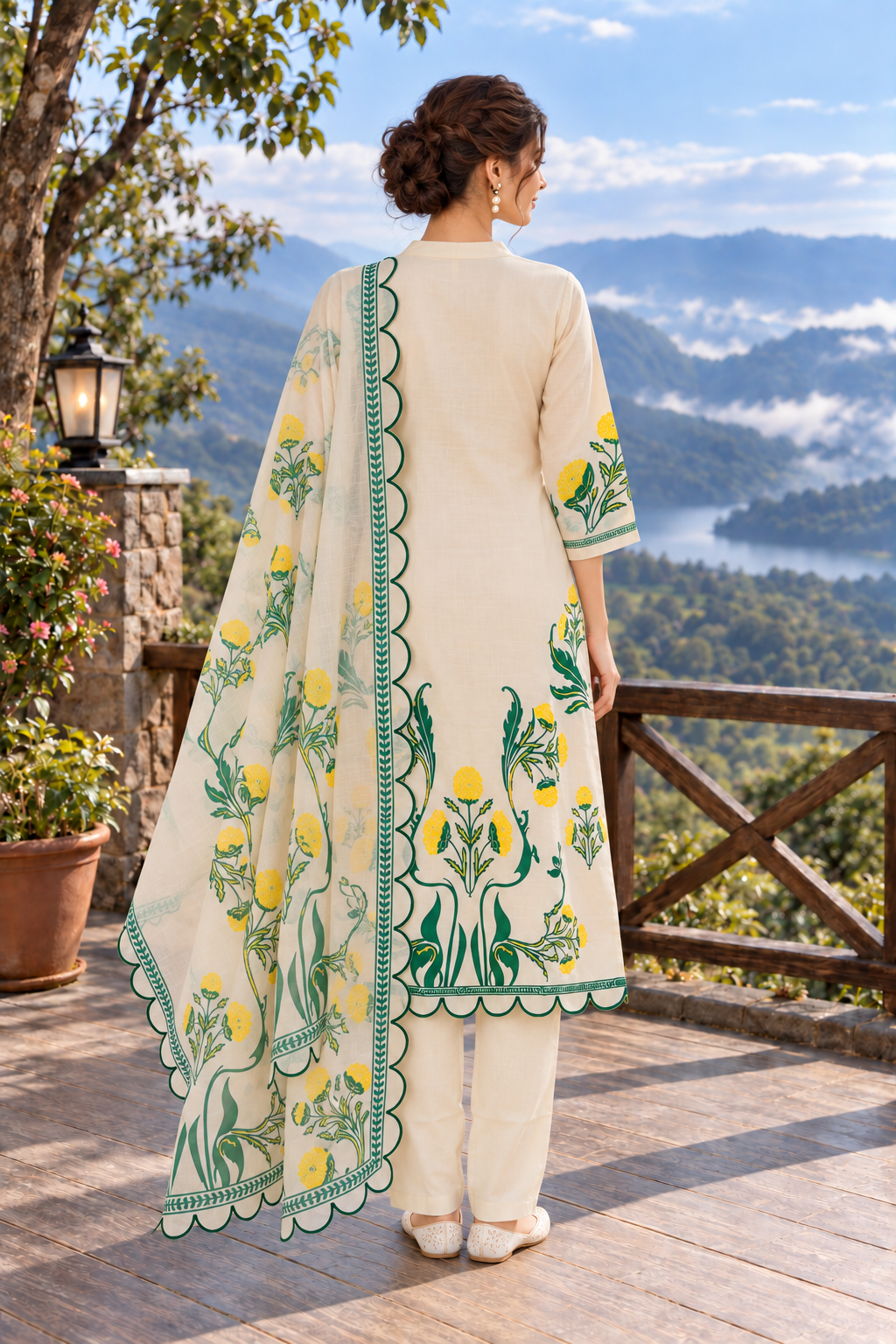 Soft Ivory Grace – Floral 3-Piece Kurti Set Thumbnail 5