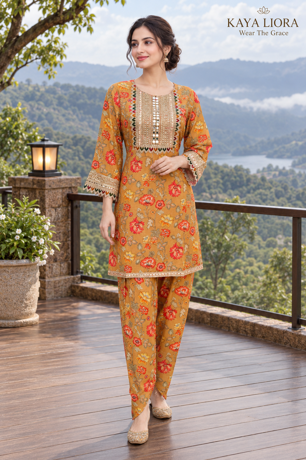 Kaya Liora Antique Ochre Bloom – Mustard Floral Pakistani Dhoti Set - Luxury Suits Second View