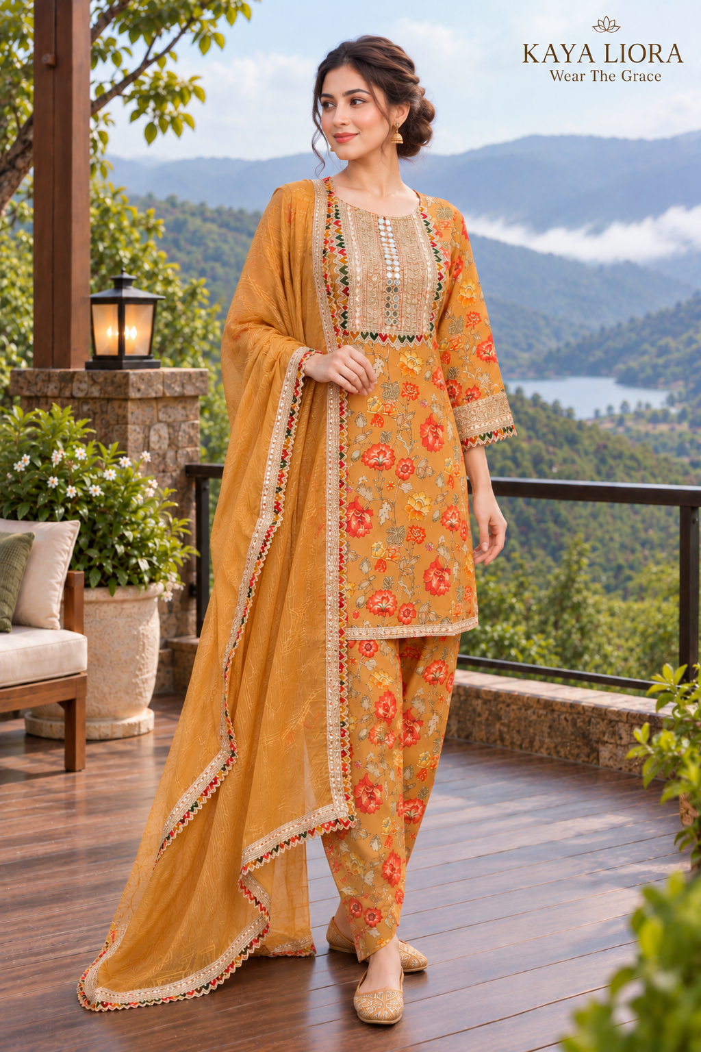 Antique Ochre Bloom – Mustard Floral Pakistani Dhoti Set Thumbnail 3