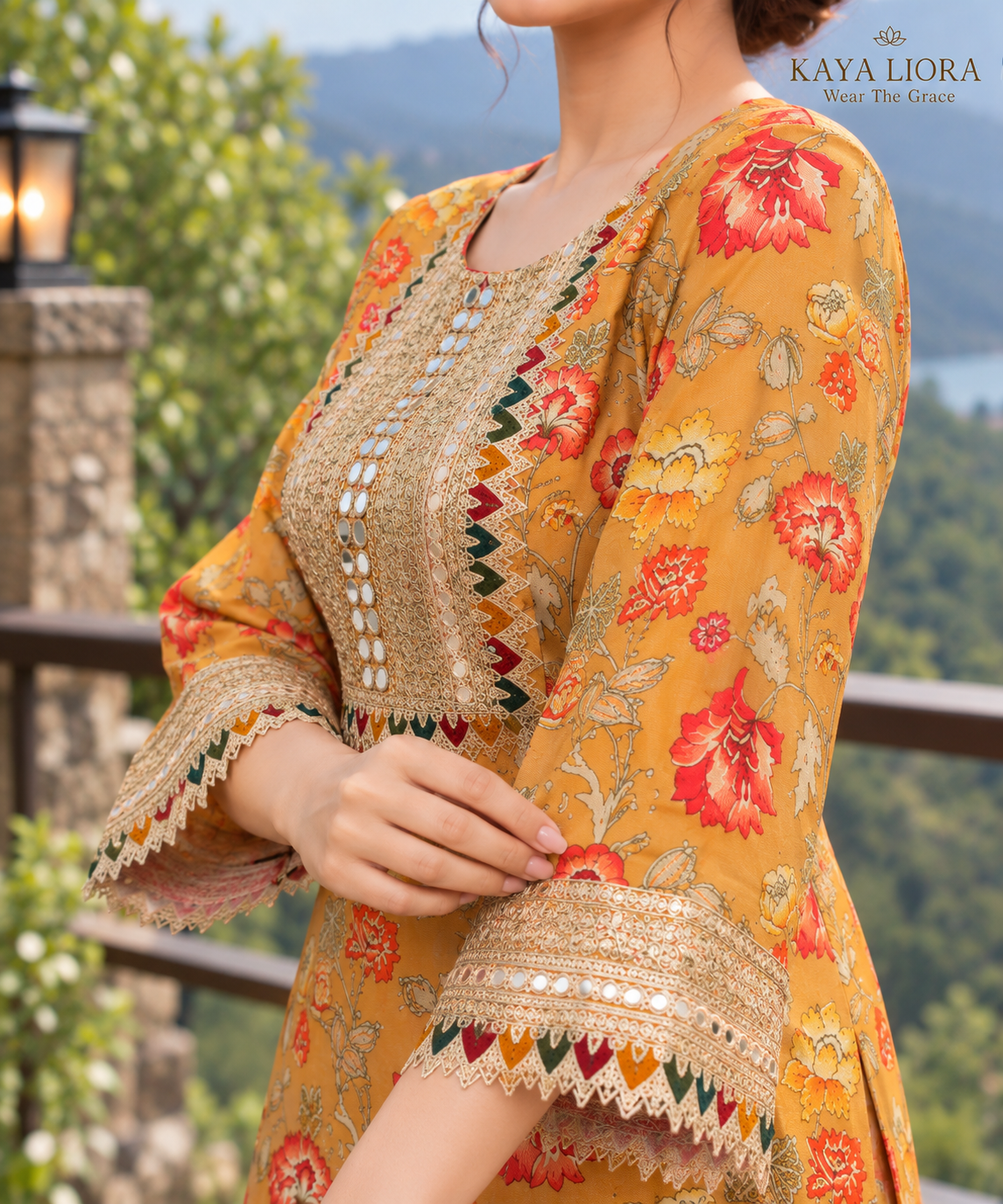 Antique Ochre Bloom – Mustard Floral Pakistani Dhoti Set Thumbnail 6