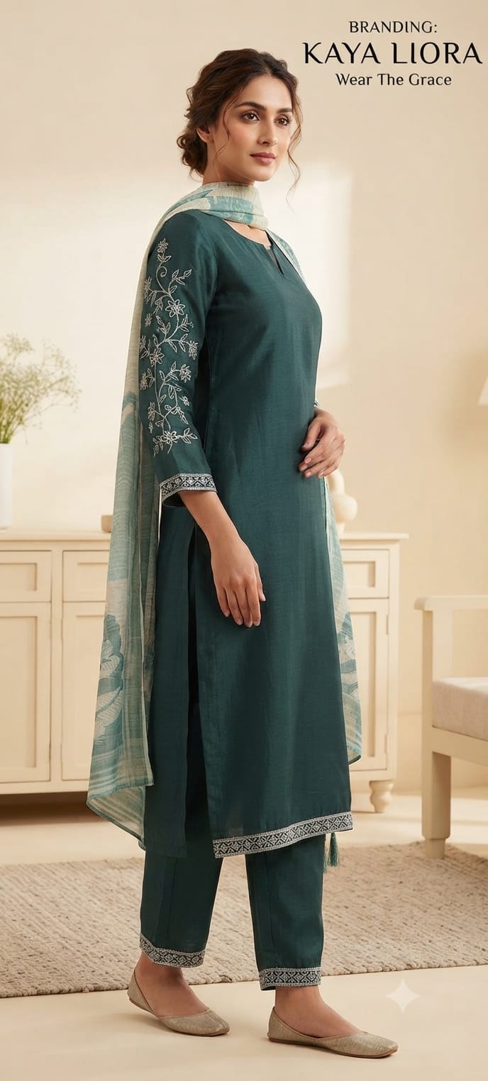 Peacock Grace – 3-Piece Mal Chanderi & Organza Suit Set Thumbnail 4